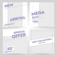 Square Promotion Set of Social Media Template with Line Style and Soft Purple Color