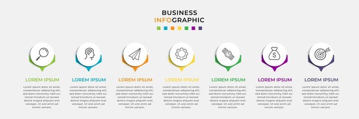 Business Infographic design template Vector with icons and 7 seven options or steps. Can be used for process diagram, presentations, workflow layout, banner, flow chart, info graph