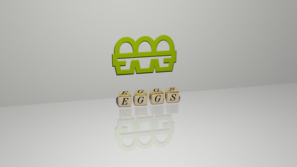 eggs text of cubic dice letters on the floor and 3D icon on the wall - 3D illustration for easter and background