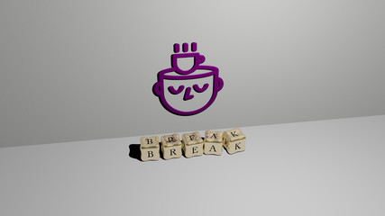 break 3D icon on the wall and cubic letters on the floor - 3D illustration for background and coffee