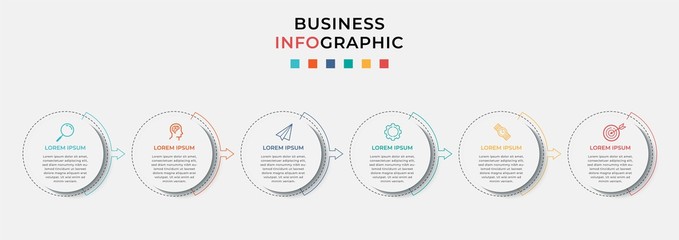 Business Infographic design template Vector with icons and 6 six options or steps. Can be used for process diagram, presentations, workflow layout, banner, flow chart, info graph