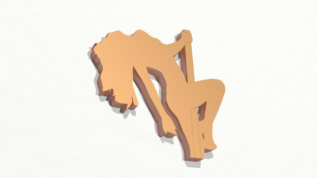 WOMAN POLE DANCING on the wall. 3D illustration of metallic sculpture over a white background with mild texture for beautiful and young