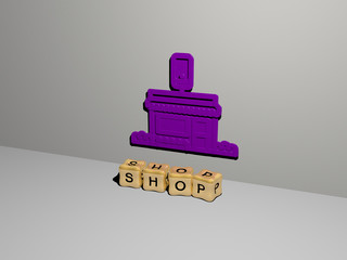 shop 3D icon on the wall and cubic letters on the floor - 3D illustration for background and business
