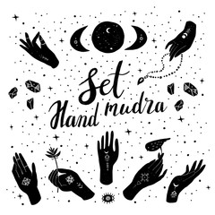 Set mudra Indian Hasta positions of hands and fingers outline insignia badges collection. illustration Ideal for yoga classes, spa center and more.Great for fabric, wrapping paper. Aztec stile, tribal