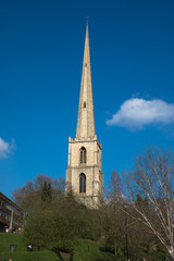 Fototapeta na wymiar Tower and spire of the ruined church of Saint Andrews also known as the Glovers Needle, Worcester, Worcestershire, UK