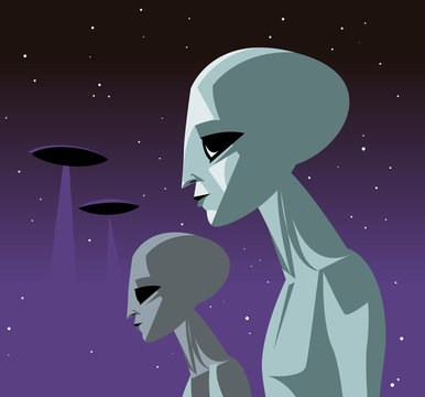 grey aliens and ufo in the sky