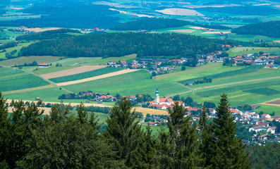 Beautiful green valley with villages, bavarian forest, germany