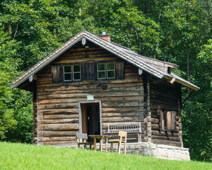 Old and abandoned cabin in an overgrown meadow, bavarian forest, germany