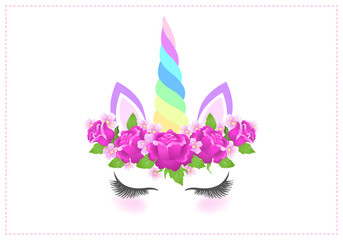 Fabulous cute unicorn with roses flowers wreath and rainbow horn on white background