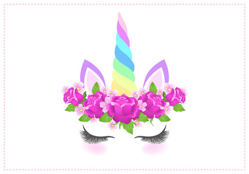 Fabulous cute unicorn with roses flowers wreath and rainbow horn on white background