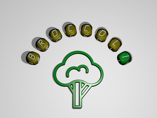 BROCCOLI icon surrounded by the text of individual letters - 3D illustration for food and background