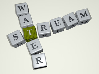 stream water crossword by cubic dice letters - 3D illustration for background and river