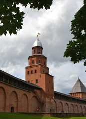 The Kokuy Tower of Great Novgorod Kremlin with clouds in the grey sky, Veliky Novgorod, Russia. Vertical view  