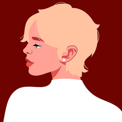 Portrait of a charming blonde in profile view. A beautiful woman with blue eyes, short hair, full lips. The girl smiles, looks away. Vector illustration for a profile avatar in a social network.