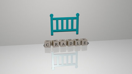 cradle text of cubic dice letters on the floor and 3D icon on the wall - 3D illustration for baby and child