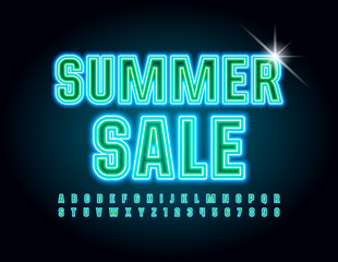 Vector seasonal promo Summer Sale. Neon bright Font. Glowing light Alphabet Letters and Numbers