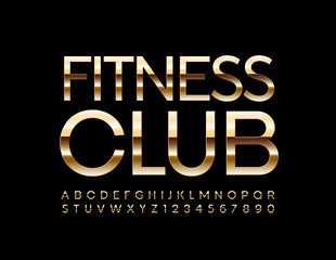 Vector premium logo Fitness Club. Gold Elegant Font. Shiny modern chic Alphabet Letters and Numbers