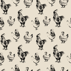 Chicken pencil drawing seamless pattern, farmhouse animals sketch