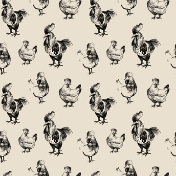 Chicken pencil drawing seamless pattern, farmhouse animals sketch