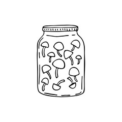 Doodle images of pickling mushrooms in a jar. Vector for textile, web, print, gift wrapping. Autumn preparation of products for the winter.