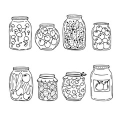 Doodle images of pickling vegetables, fruits and berries in jars. Vector for textile, web, print, gift wrapping.