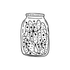 Doodle images of pickling cucumbers in a jar. Vector for textile, web, print, gift wrapping. Autumn preparation of products for the winter.