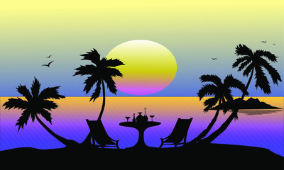 
sunset on the sea coast with silhouettes of trees and a table with drinks