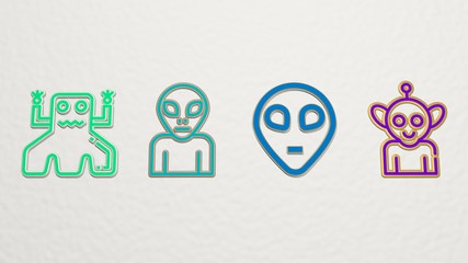 alien 4 icons set - 3D illustration for background and cartoon