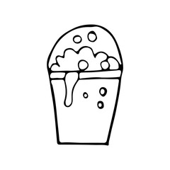 Soapy cleaning bucket with foam and bubbles. Doodle bucket icon with soap and bubbles