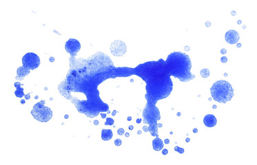 Watercolor texture stain with splashes and splashes. Blue paint spots.