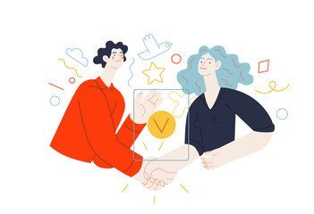 Business topics - partnership. Flat style modern outlined vector concept illustration. Young man and woman shaking their hands confirming the agreement, contract or partnership. Business metaphor.