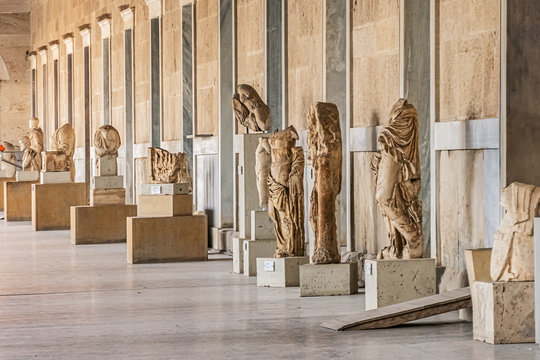 Interior view of Stoa of Attalos in Agora of Athens. Stoa of Attalos (or Attalus) built around 150 BC, by Attalos II - King of Pergamos as a donation to Athens. Athens, Greece. January 11, 2020.