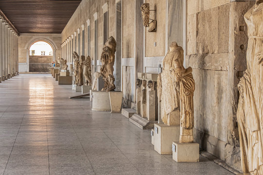Interior view of Stoa of Attalos in Agora of Athens. Stoa of Attalos (or Attalus) built around 150 BC, by Attalos II - King of Pergamos as a donation to Athens. Athens, Greece. January 11, 2020.