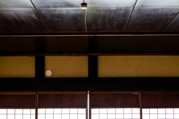 Traditional Japanese room abstract closeup of ceiling in machiya house home or ryokan restaurant...