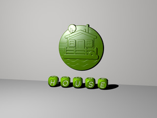 HOUSE 3D icon on the wall and text of cubic alphabets on the floor - 3D illustration for building and architecture