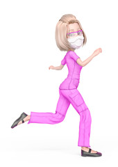 blond wearing a scrubs is running late