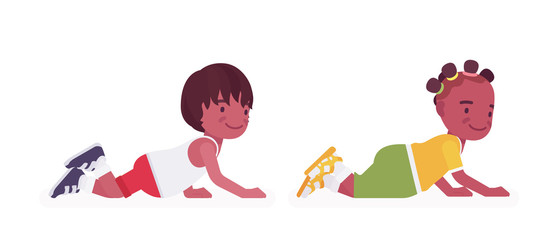 Toddler children, black little boy, girl enjoying crawling. Cute sweet happy healthy baby aged 12 to 36 months, wearing comfortable summer outfits, kid clothes. Vector flat style cartoon illustration