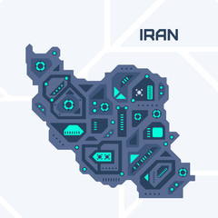 Abstract futuristic map of Iran. Mechanical circuit of the country. Technology space background.