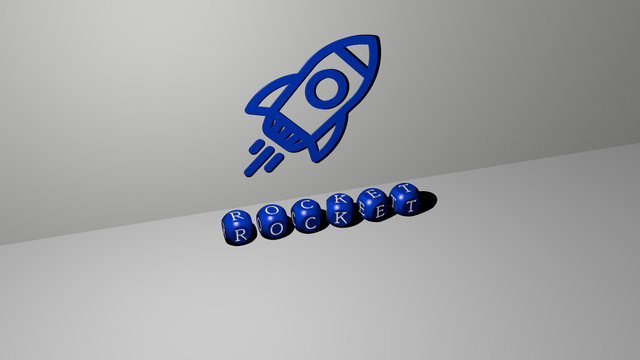 rocket 3D icon on the wall and text of cubic alphabets on the floor - 3D illustration for space and background