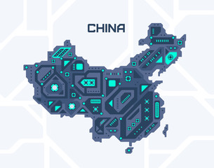 Abstract futuristic map of China. Mechanical circuit of the country. Technology space background.