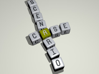 CASE SCENARIO crossword by cubic dice letters - 3D illustration for background and business