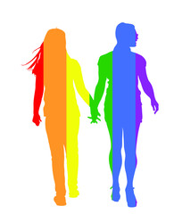 Two homosexual girls walking and hand holding vector isolated. Gay couple tenderness in public. Hand to hand closeness, lady love female. Gay pride flag rights. Lesbian couple woman love girl.