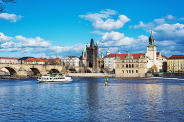 Fototapeta premium Prague, Czech Republic - August 1, 2020, view of the Karorv bridge over the Vltava river in Prague