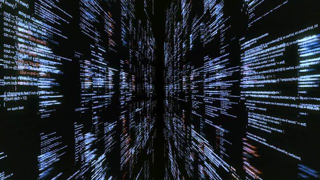 Source codes in cyberspace on black background. Animation. Dive into cyberspace with walls of source code. Access to matrix through software with codes