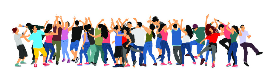 Party dancer people, girls and boys vector illustration isolated. Nightlife party concept with crew dancing. Disco club event. Birthday celebration. Teenagers in good mood. Fun and entertainment.