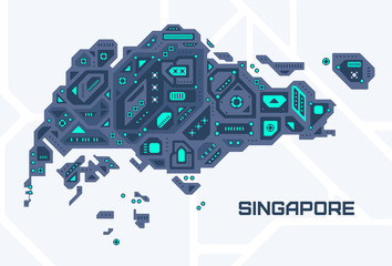 Abstract futuristic map of Singapore. Mechanical circuit of the country. Technology space background.