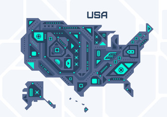 Abstract futuristic USA map. Mechanical circuit of the country. Technology space background.