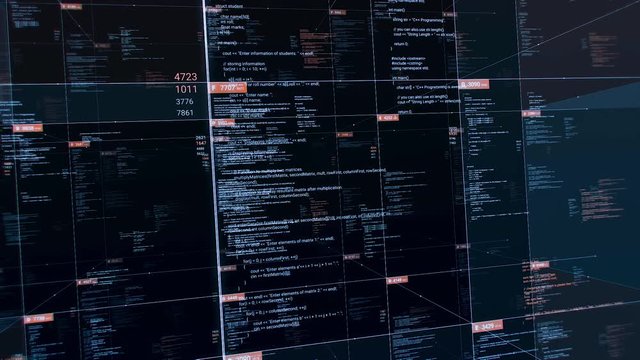 Tables with source codes on black background. Animation. 3D table in cyberspace with changing values and source codes. Transparent table with program codes in cells