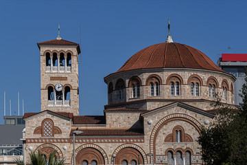 View of Neo-Byzantine Cathedral of Holy Trinity ("Agia Triada", from 1839). Church of the Holy Trinity is located in center of Piraeus overlooking port. Piraeus, Attica, Greece, EU.