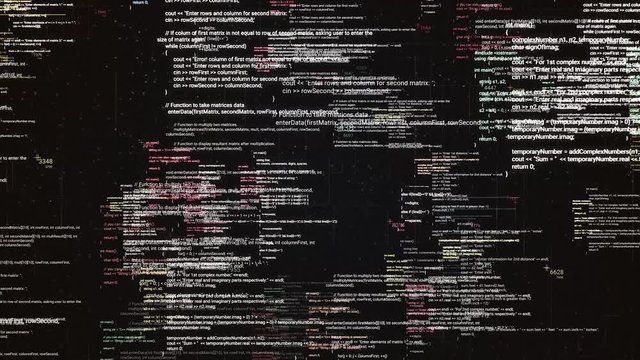 Page with source codes on black background. Animation. Overlapping source codes in cyberspace. Background of many changing source codes. Programming concept